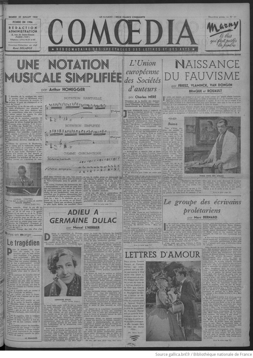 Comoedia / rédacteur en chef : Gaston de Pawlowski | 1942-07-25 | Gallica