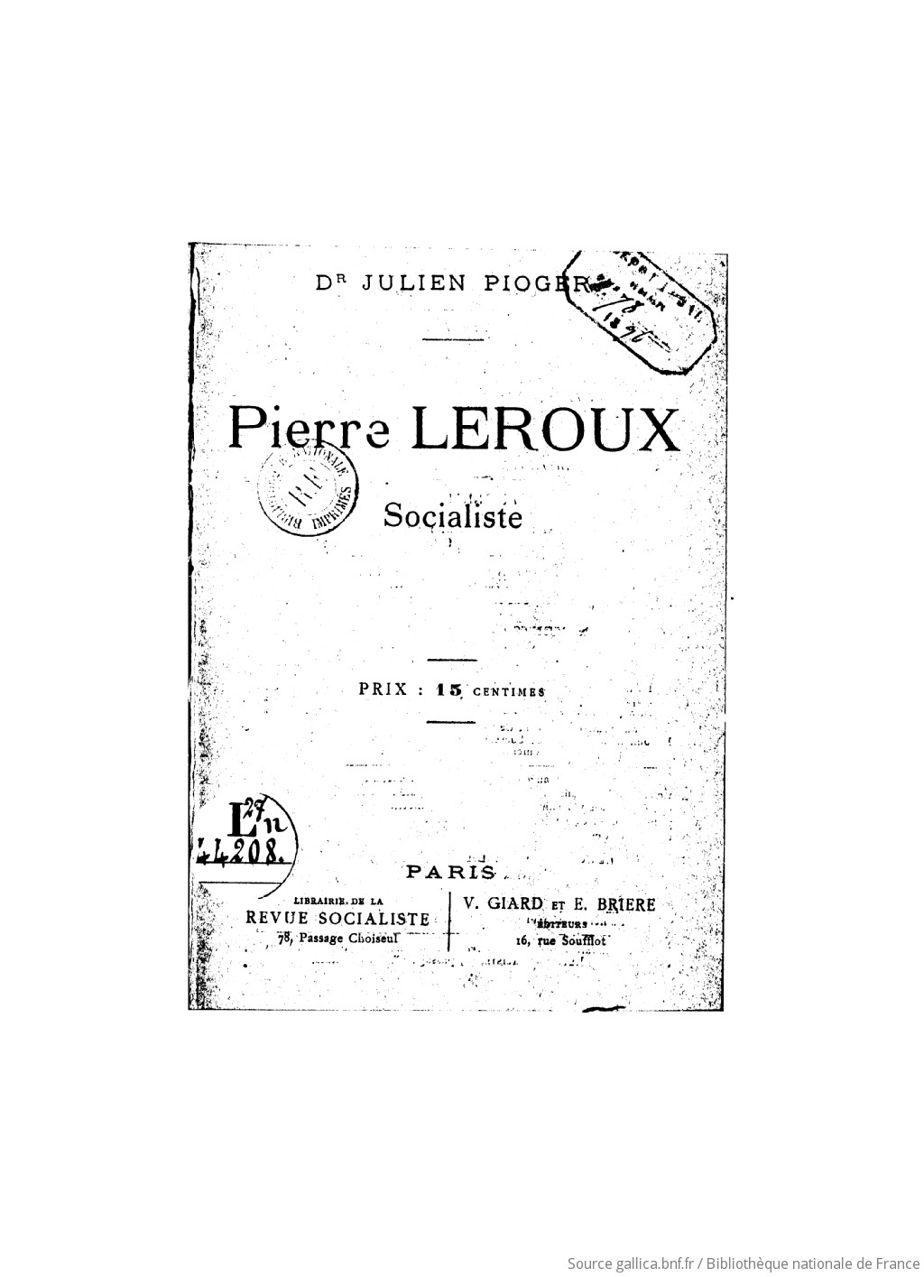 Pierre Leroux socialiste / Dr Julien Pioger | Gallica