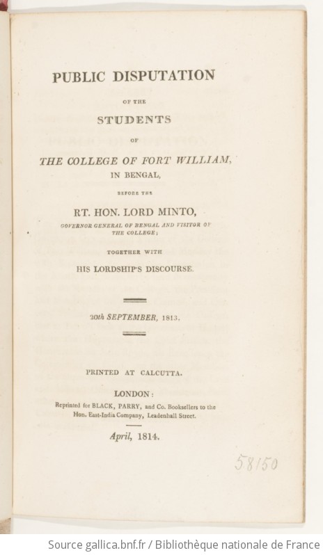 Public Disputation Of The Students Of The College Of Fort William In ...