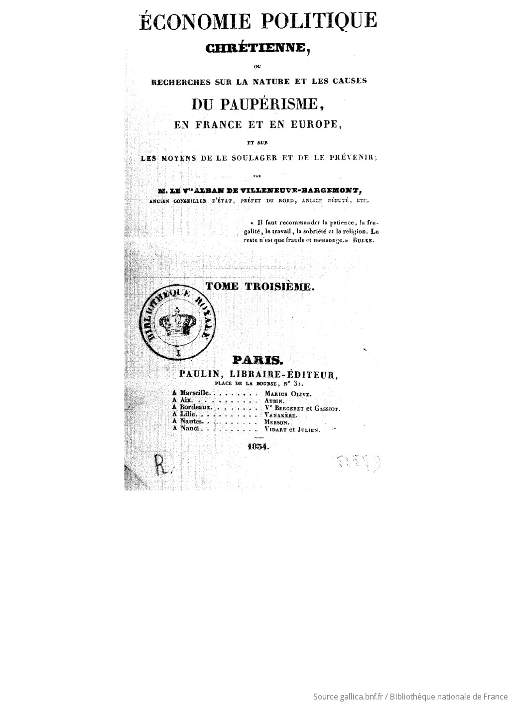 VILLENEUVE-BAEconomie politique chrétienne, 1834/初版