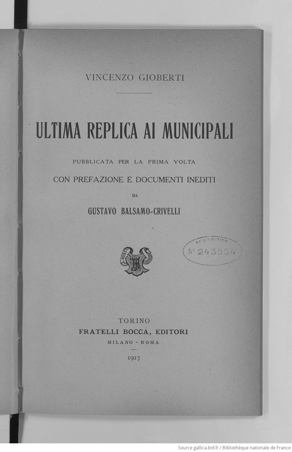 Ultima replica ai municipali / Vincenzo Gioberti ; pubblicata per la prima  volta con prefazione e documenti inediti da Gustavo Balsamo-Crivelli |  Gallica