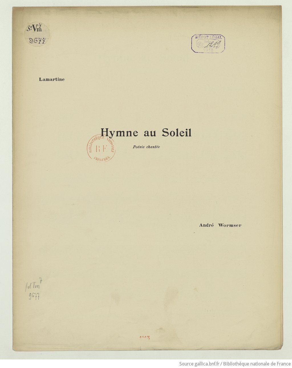 Lamartine Hymne Au Soleil Poesie Chantee Version Nouvelle Voix Eleves Musique D Andre Wormser Gallica