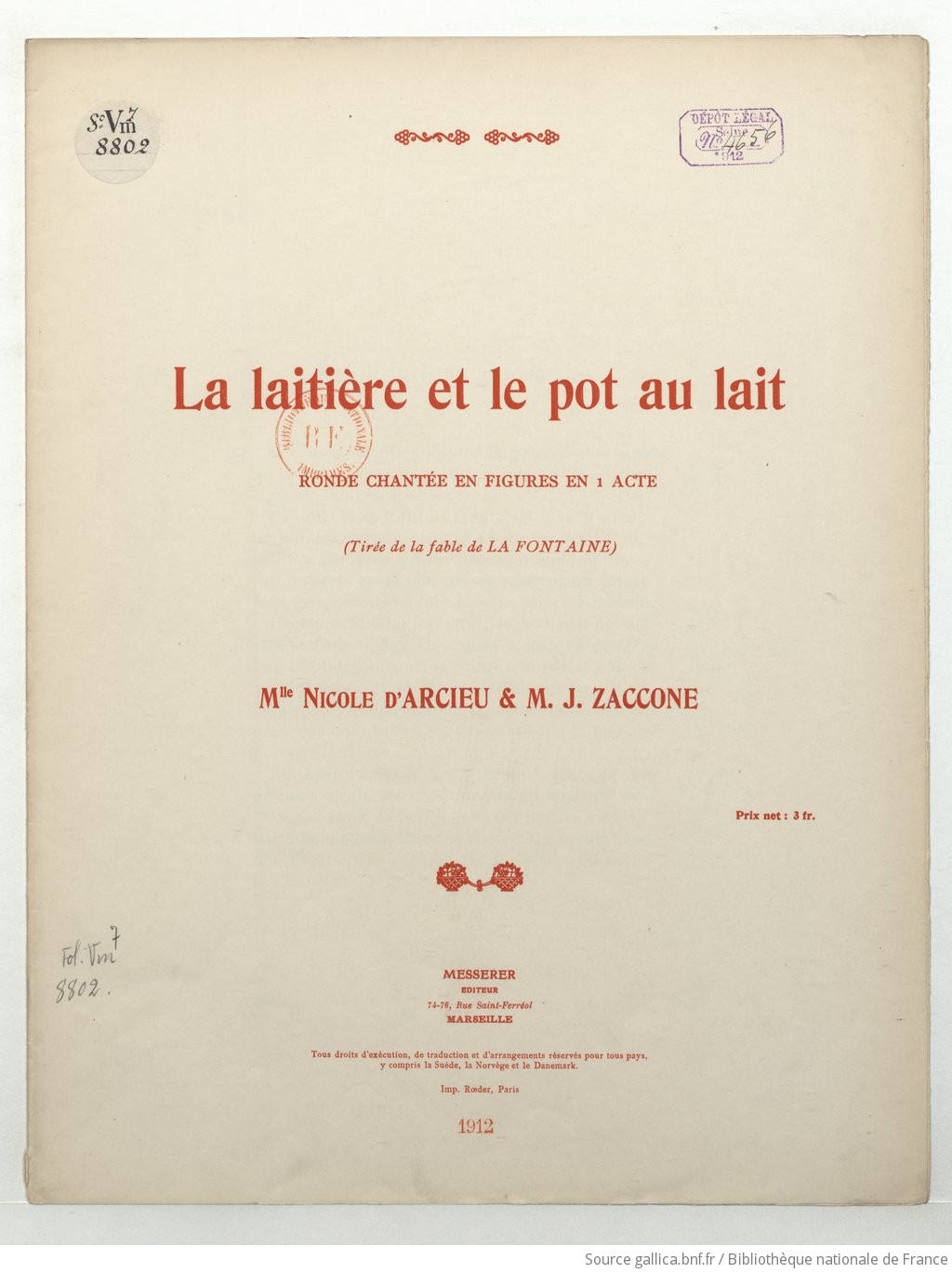 Notice Bibliographique La Laiti Re Et Le Pot Au Lait Ronde Chant E En Figures En Acte Tir E