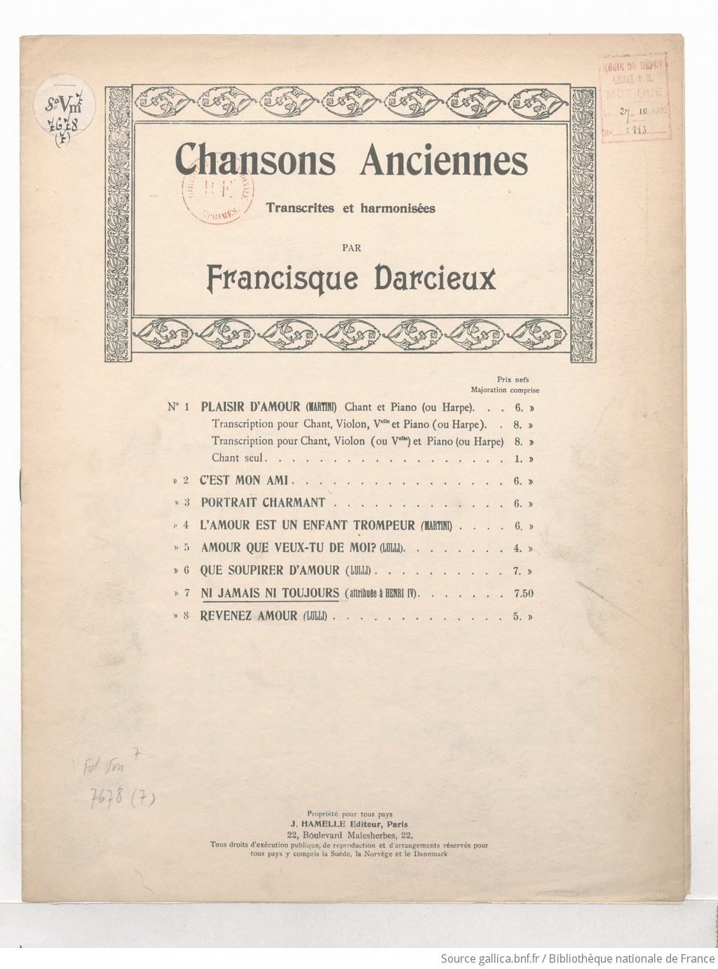 Ni Jamais Ni Toujours Vieille Chanson Francaise Recueillie Et Harmonisee Par H Lene Ybla Chant Et Piano Gallica