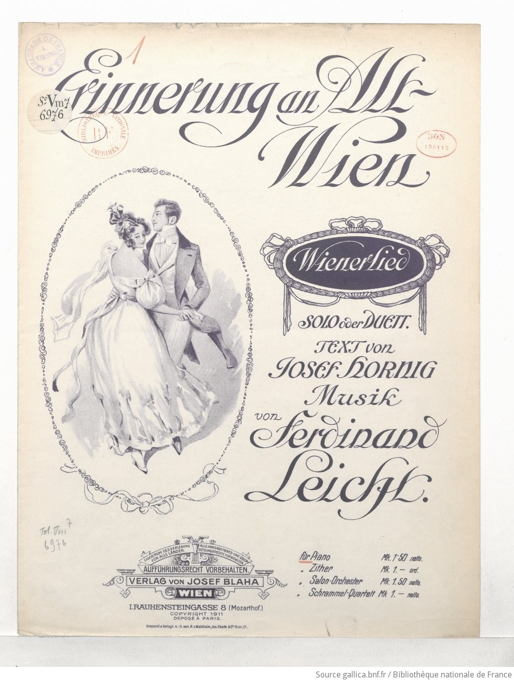 Erinnerung an alt Wien, Wiener Lied, solo oder duett.. Text von Josef  Hornig. Musik von Ferdinand Leicht