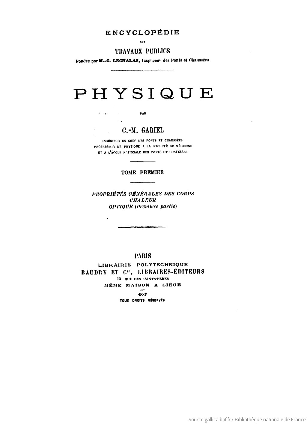 Physique Volume 1 Par C M Gariel Gallica - 