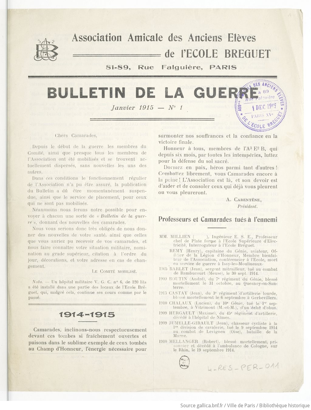 Bulletin de la guerre Association amicale des anciens l ves de