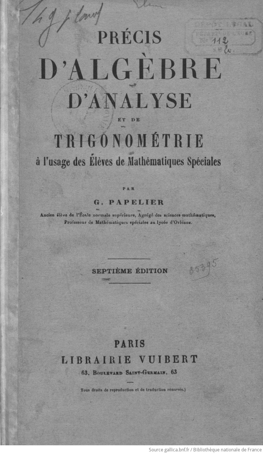 Précis Dalgèbre Danalyse Et De Trigonométrie à Lusage - 