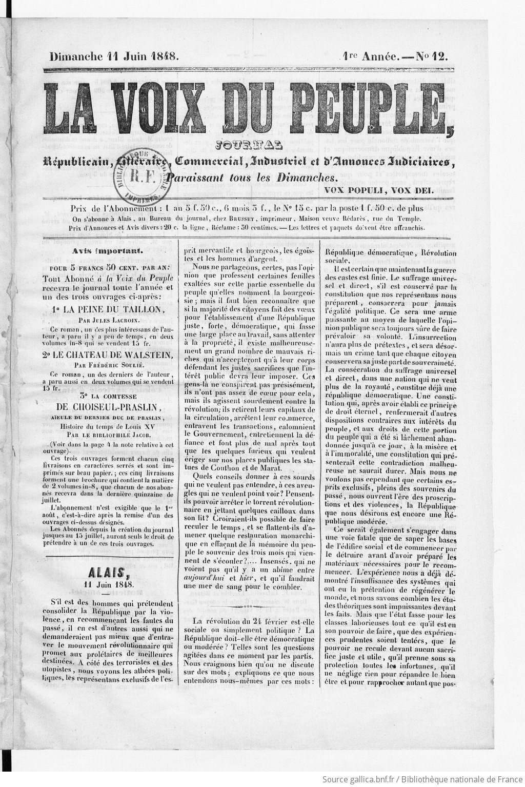 La Voix Du Peuple Journal Republicain Litteraire Commercial Industriel Et D Annonces Judiciaires Paraissant Tous Les Dimanches 1848 06 11 Gallica