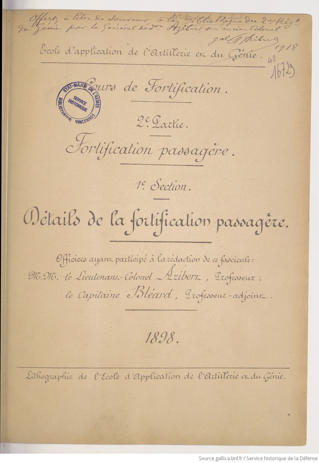 Fortification du champ de bataille, 3 leçons : fortification passagère /  par le chef de bataillon du Génie Azibert