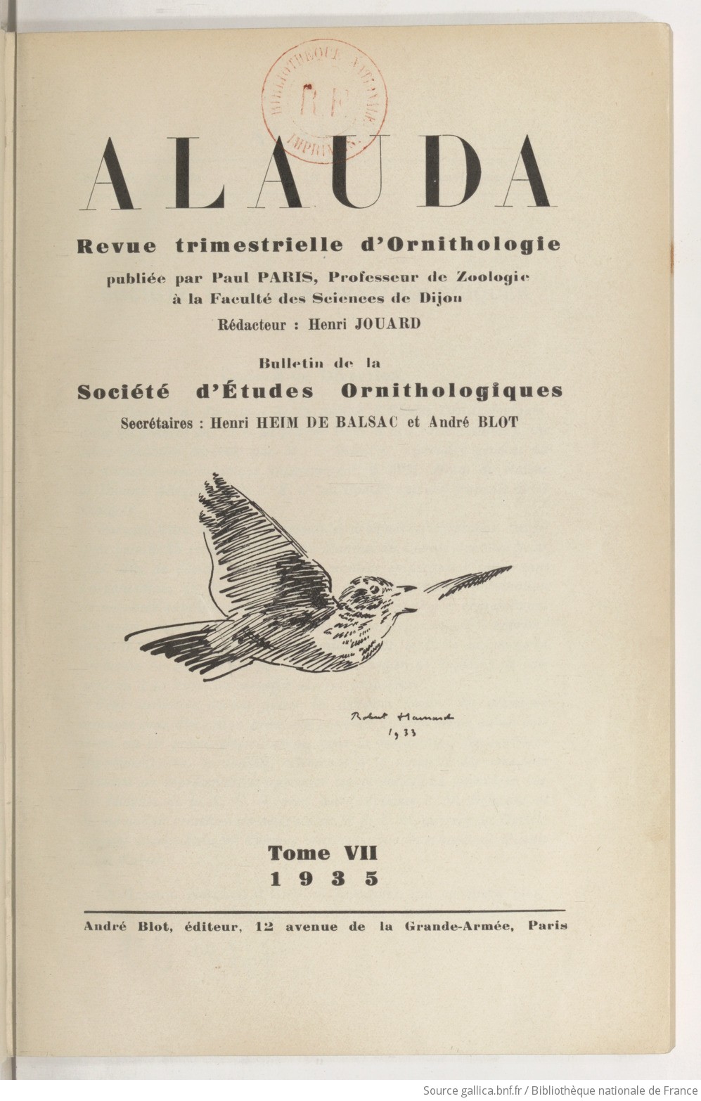 Alauda : études et notes ornithologiques / recueil publié par P. Paris,...