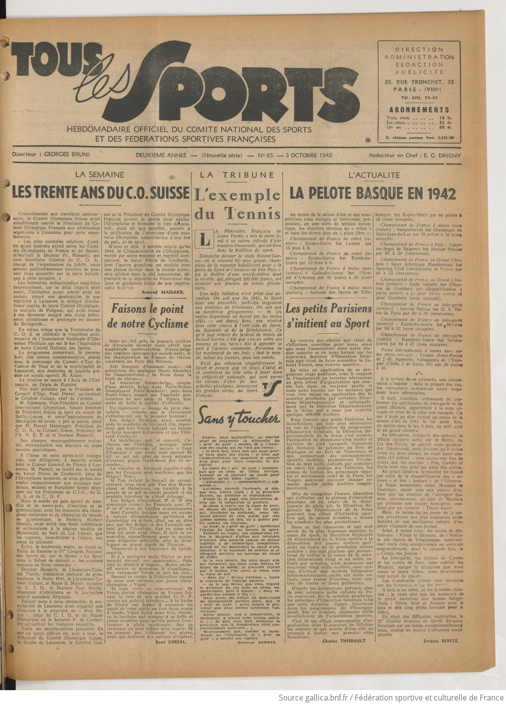 Tous les sports : hebdomadaire officiel du Comité national des sports et  des fédérations sportives françaises | 1942-10-03 | Gallica