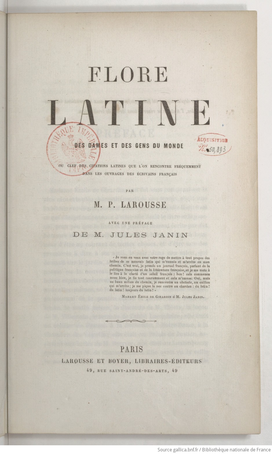 Flore Latine Des Dames Et Des Gens Du Monde Ou Clef Des Citations Latines Que L On Rencontre Frequemment Dans Les Ouvrages Des Ecrivains Francais Par M P Larousse Avec Une