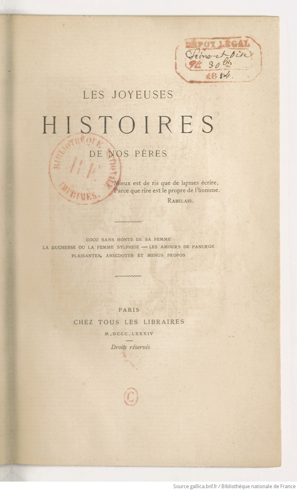 Les joyeuses histoires de nos pères. 1, Cocu sans honte de sa femme, La  duchesse ou la femme sylphide, Les amours de Panurge, Plaisantes anecdotes  et menus propos / [ill. par Kauffmann] | Gallica