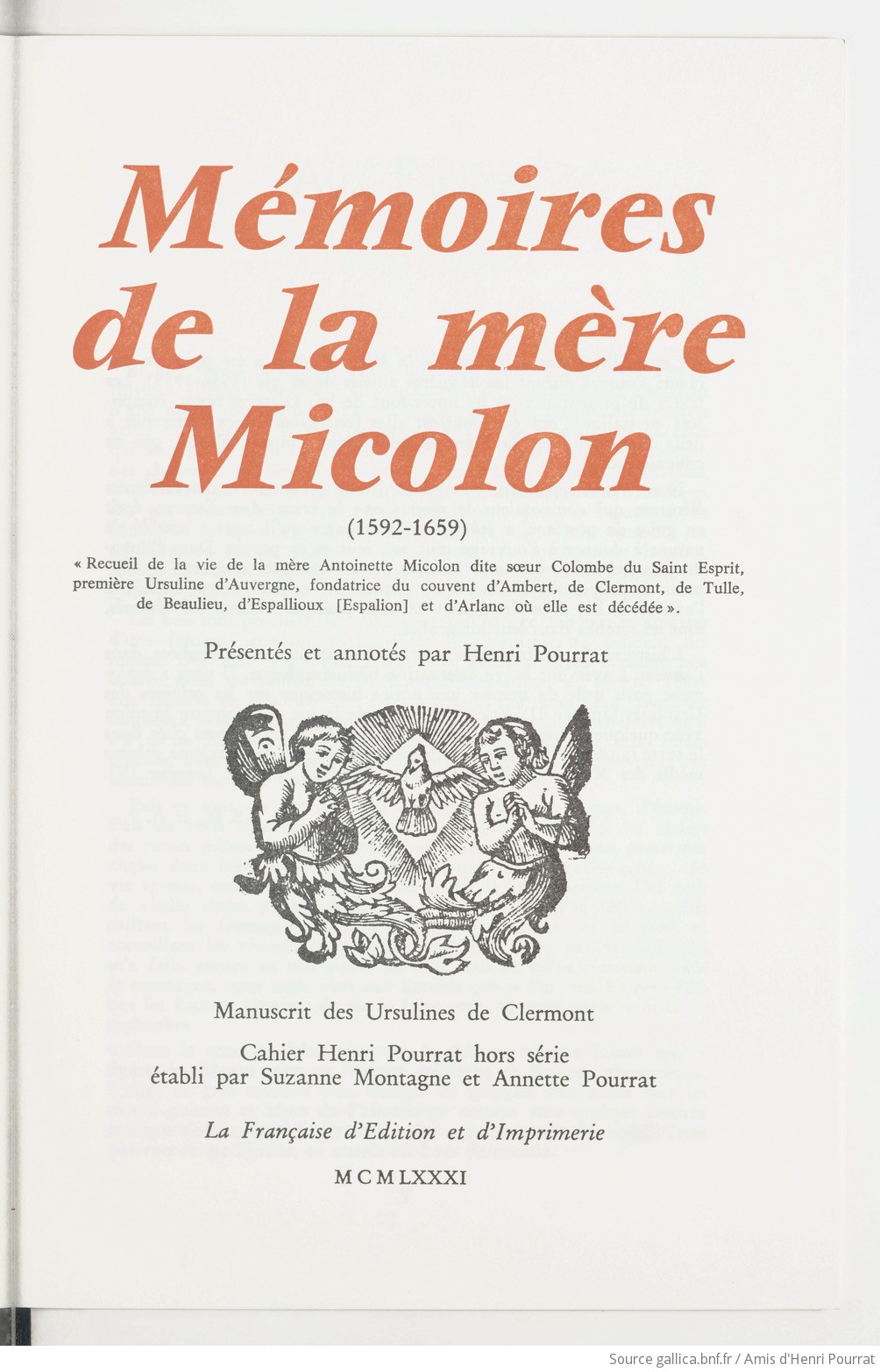 Mémoires De La Mère Micolon 1592 1659 Manuscrit Des
