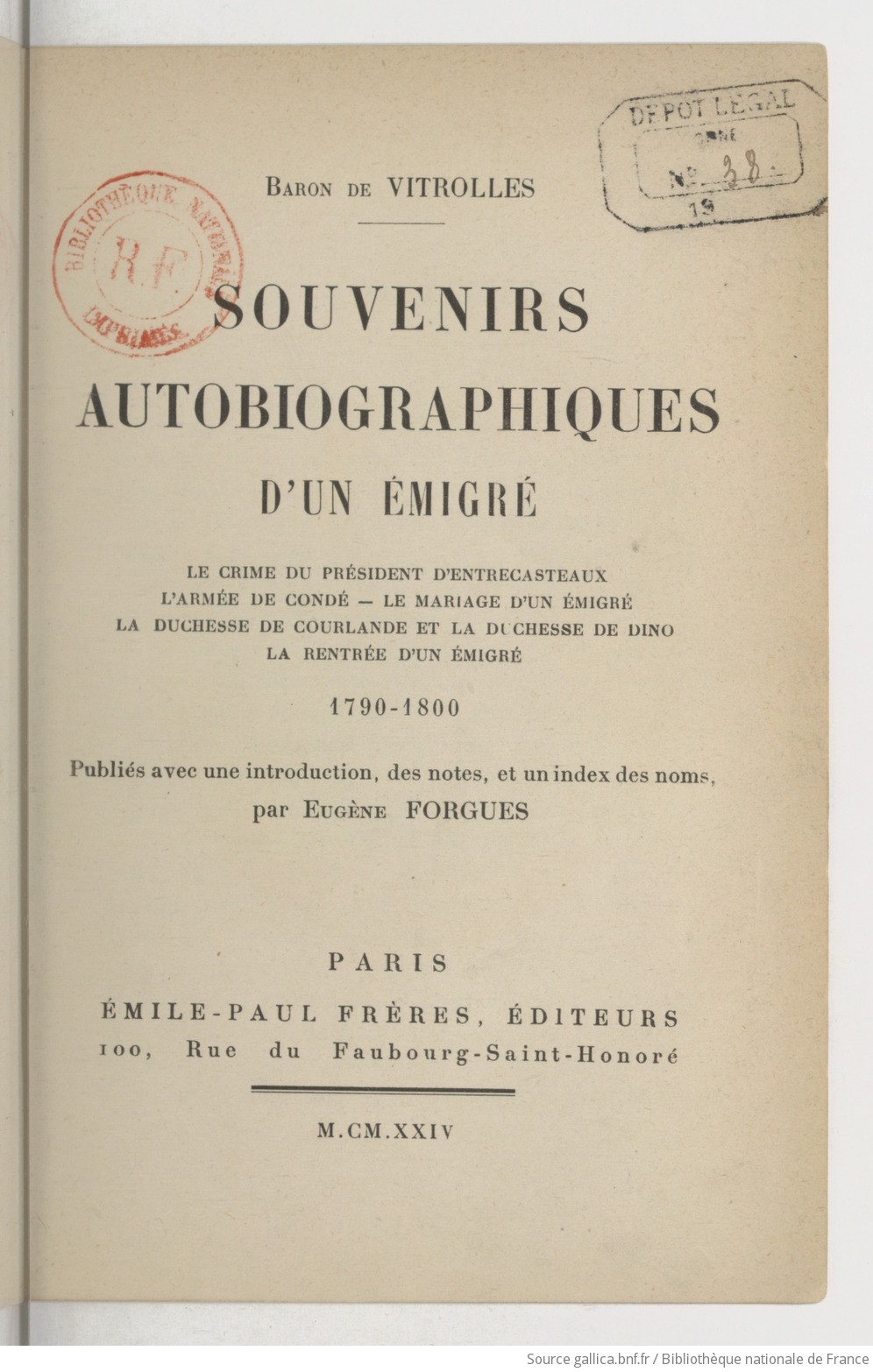 Souvenirs Autobiographiques Dun émigré Baron De Vitrolles - 