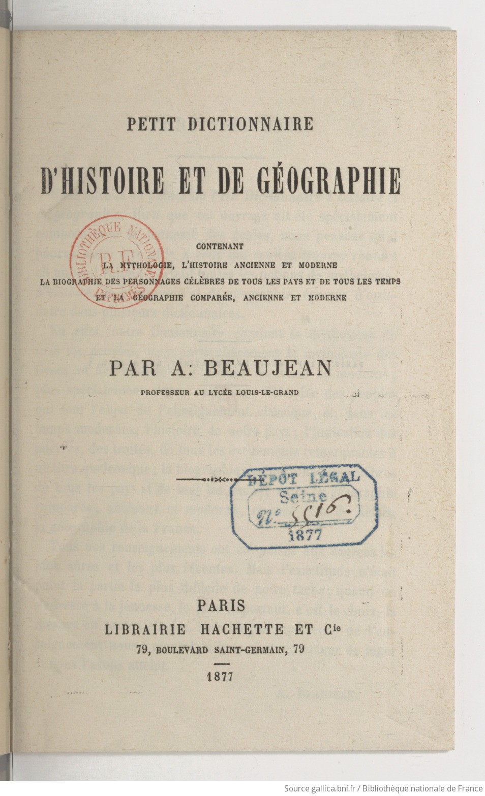Petit dictionnaire d'histoire et de géographie... / par A. Beaujean,...