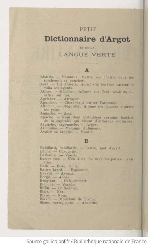 Petit Dictionnaire D'argot Parisien | Gallica