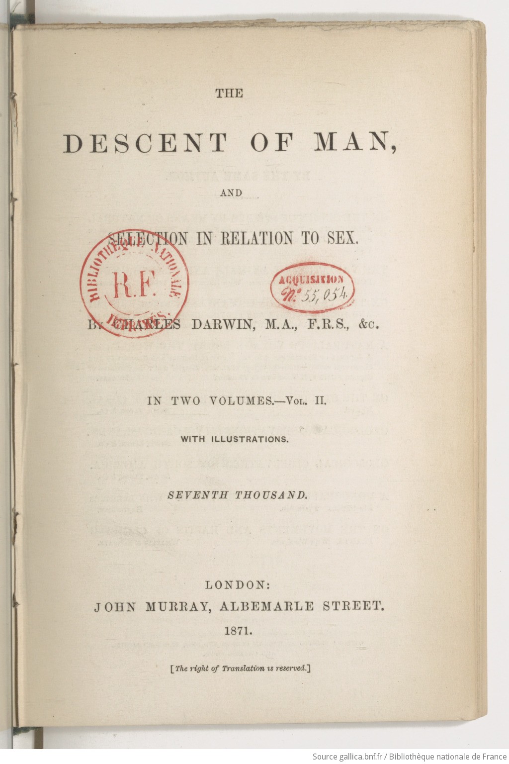 The descent of man, and selection in relation to sex. Volume 2 / by Charles  Darwin,... | Gallica