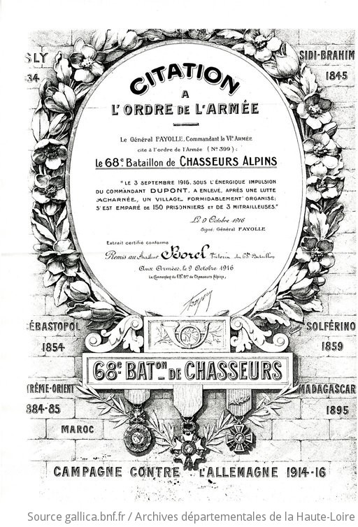 Citation A L Ordre De L Armee Du Chasseur Victorin Borel Document Administratif Gallica