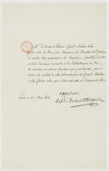 Note du comte de Blacas , grand-maître de la Garde-robe, au ministre de l'Intérieur, lui demandant d'autoriser le joaillier Meunières à retirer de la Bibliothèque du roi la couronne en pierres fausses qui y est déposée (Paris, 27 mai 1814 ).