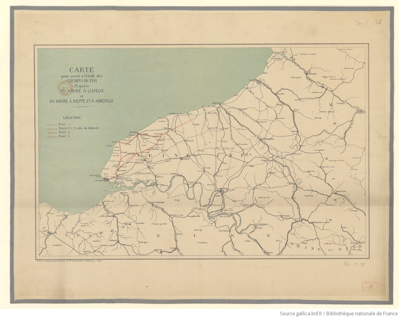 Carte pour servir à l'étude des chemins de fer projetés du Havre à Lisieux et du Havre à Dieppe et à Abbeville