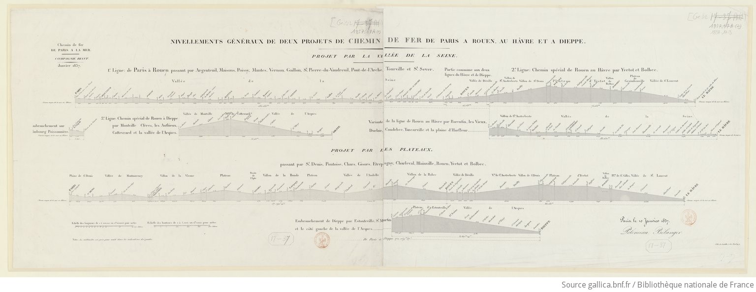Nivellements généraux de deux projets de chemin de fer de Paris à Rouen, au Hâvre et à Dieppe / Polonceau ; Bélanger ; Lith. de Castille