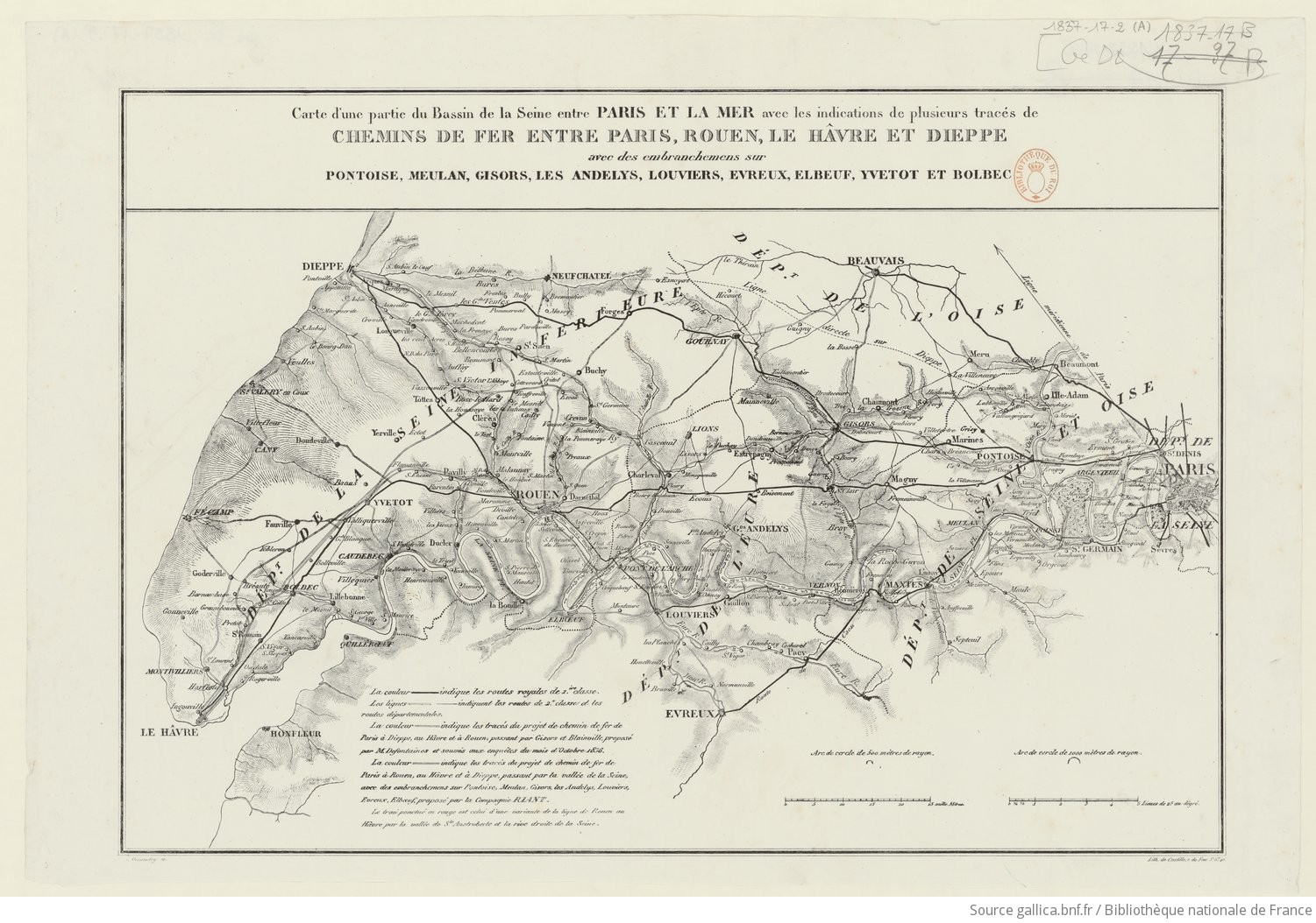 Carte d'une partie du bassin de la Seine entre Paris et la mer avec les indications de plusieurs tracés de chemins de fer entre Paris, Rouen, Le Hâvre et Dieppe [...] / N. Desmadryl sc[ulpsit] ; Lith. de Castille