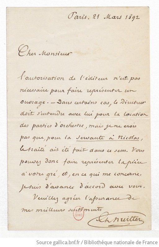 1 Lettre De Charles Nuitter à Un Destinataire Inconnu 21 Mars 1892