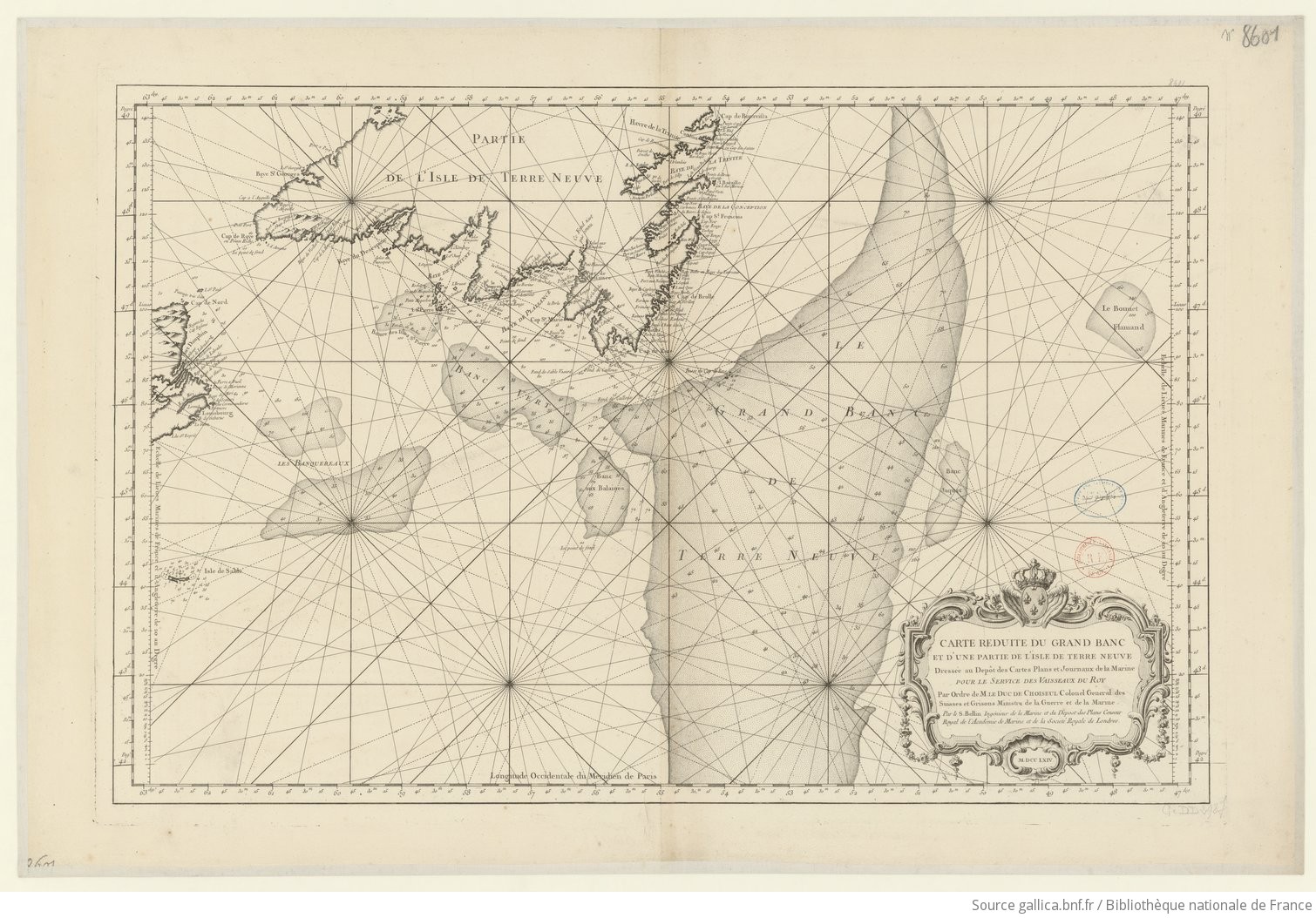 Carte reduite du Grand Banc et d'une partie de l'isle de Terre Neuve. J.N. Bellin. 1764