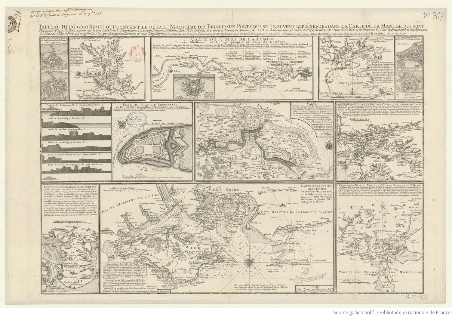 Tableau hidrographique qui contient le détail maritime des principaux ports qui se trouvent représentés dans la carte de la Manche / d'après des manuscrits (...) de Beaurain