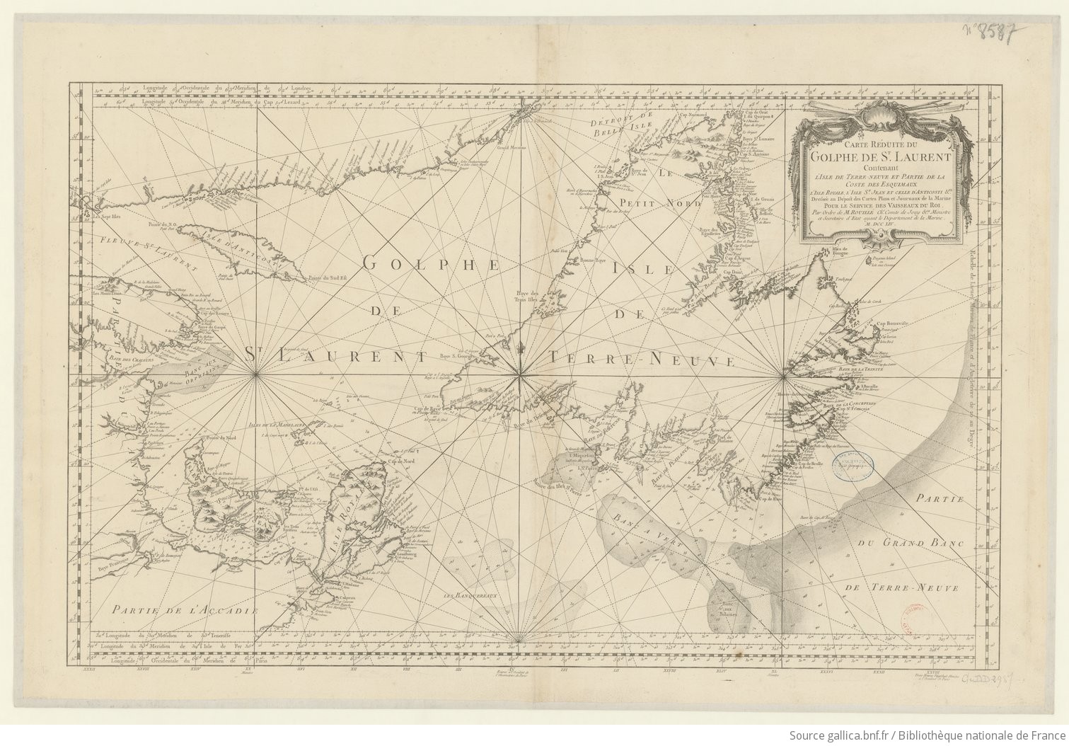 Carte réduite du golphe de St Laurent contenant l'isle de Terre-Neuve et partie de la coste des Esquimaux . Dépôt des cartes et plan de la Marine. 1754