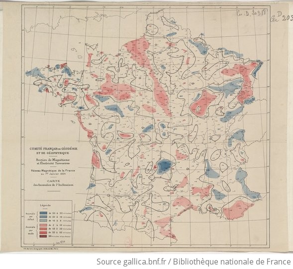 Réseau magnétique de la France au 1er janvier 1924. Carte des anomalies de  l'inclinaison. P. H. Barrère cartographe
