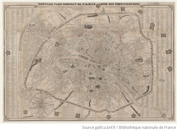 Nouveau Plan Complet De Paris Avec Ses Fortifications Divise En 12 Arrondissements Et 48 Sections Avec Les Principaux Monuments En Elevation Donnant La Distance Legale En Metres Des Forts Detaches Aux Murs