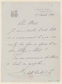 Lettre autographe signée d'Isabelle Comtesse d'Eu à Jules Massenet, Boulogne-sur-Seine 17 octobre 1901