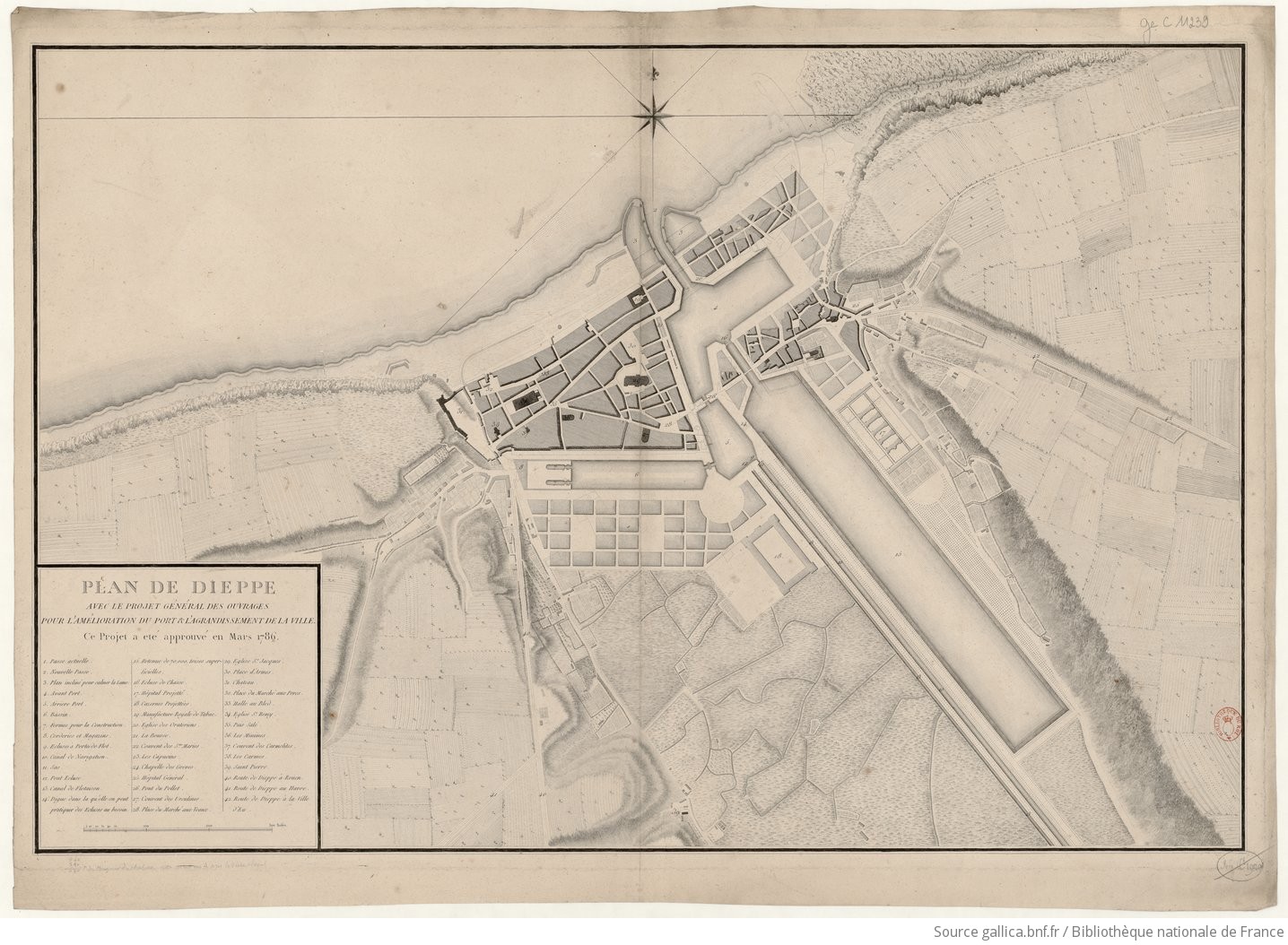 Plan de Dieppe avec le projet général des ouvrages pour l'amélioration du port et l'agrandissement de la ville. Ce projet a été approuvé en mars 1786