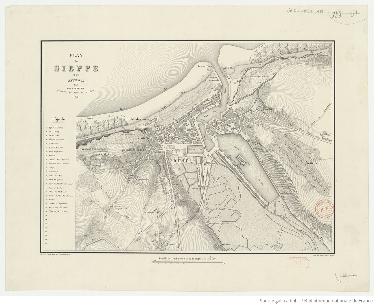 Plan de Dieppe et ses environs / par Ch. Larochette, dessinateur au Dépôt de la Guerre ; gravé sur pierre par St. Mesme