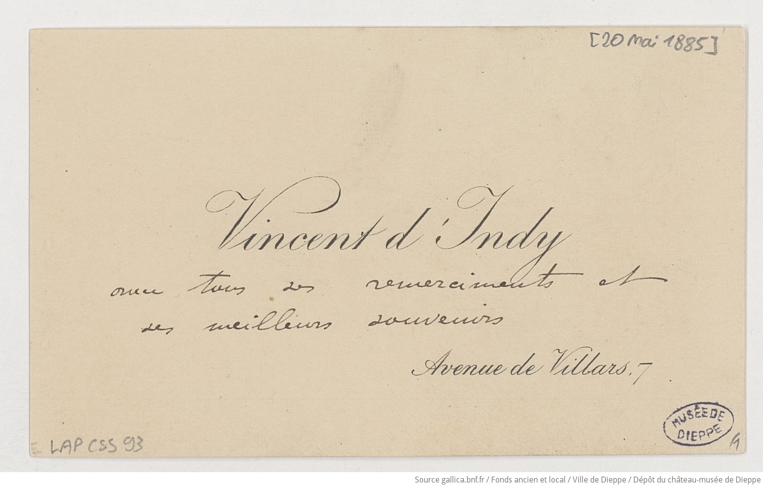 [2 lettres de Vincent d'Indy à Camille Saint-Saëns]