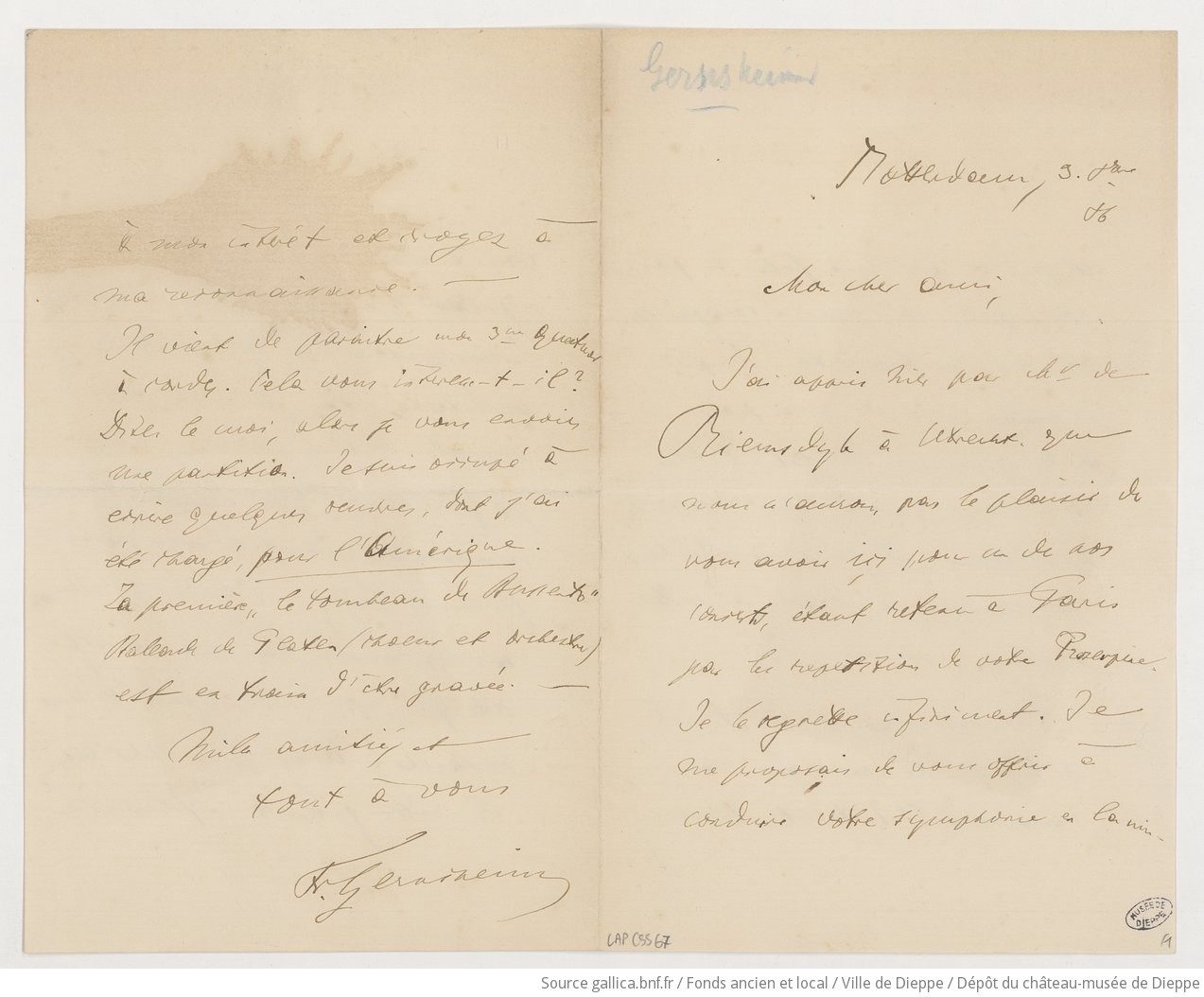 [2 lettres de Friedrich Gernsheim à Camille Saint-Saëns]