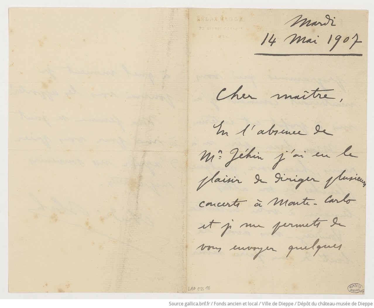 [7 lettres d'André Bloch à Camille Saint-Saëns]