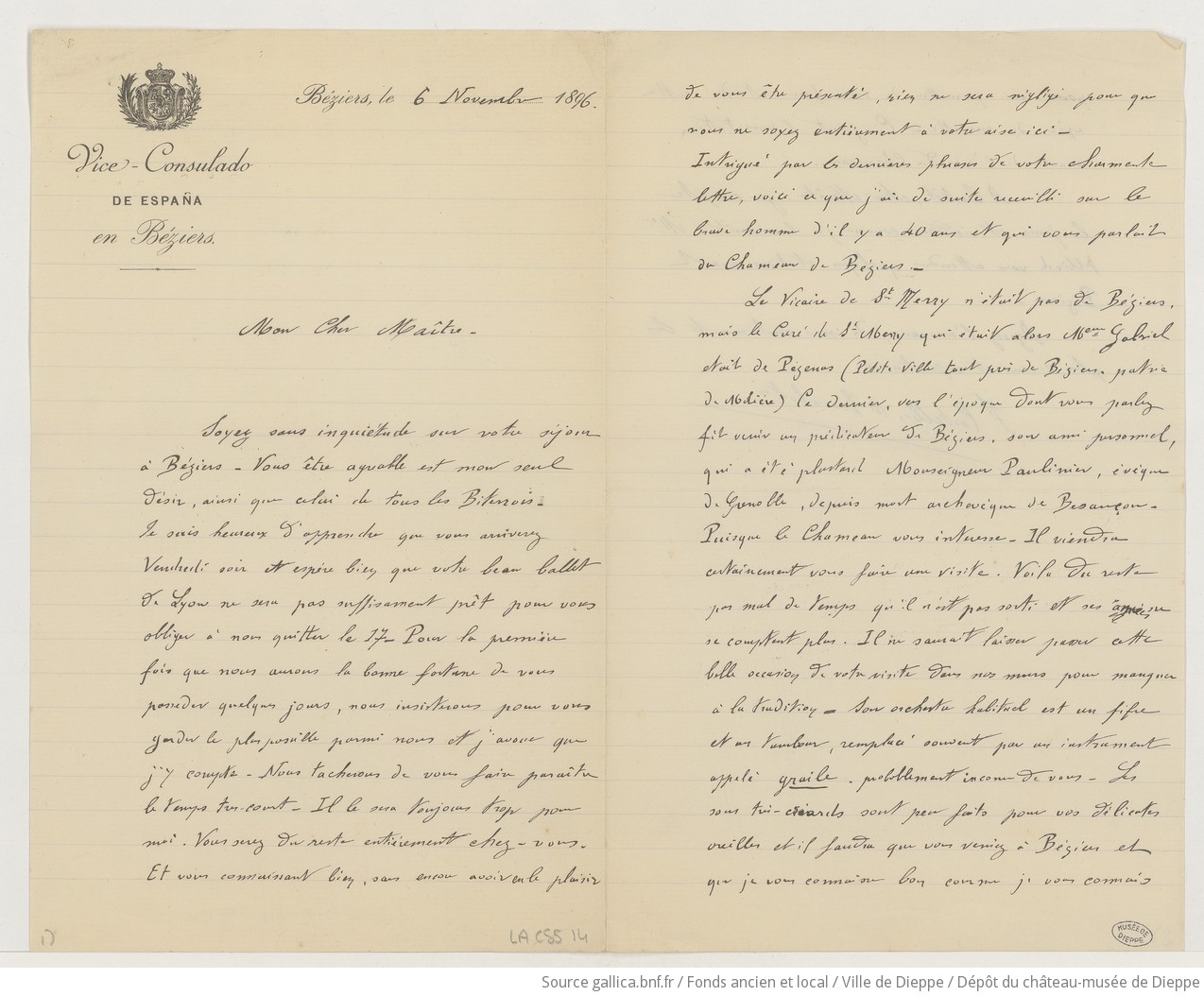 [20 lettres, 2 cartes postales, 5 coupures de presse et 1 tableau de travail de Fernand Castelbon de Beauxhostes à Camille Saint-Saëns] (manuscrit autographe)