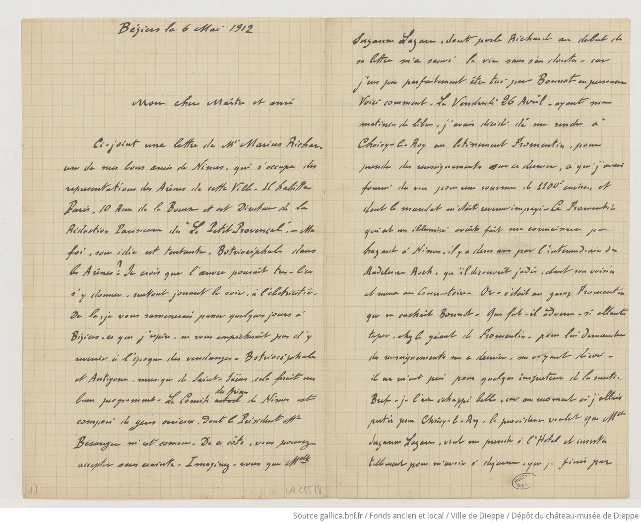 [35 lettres, 2 cartes postales et 1 avis du P.L.M. de Fernand Castelbon de Beauxhostes à Camille Saint-Saëns] (manuscrit autographe)