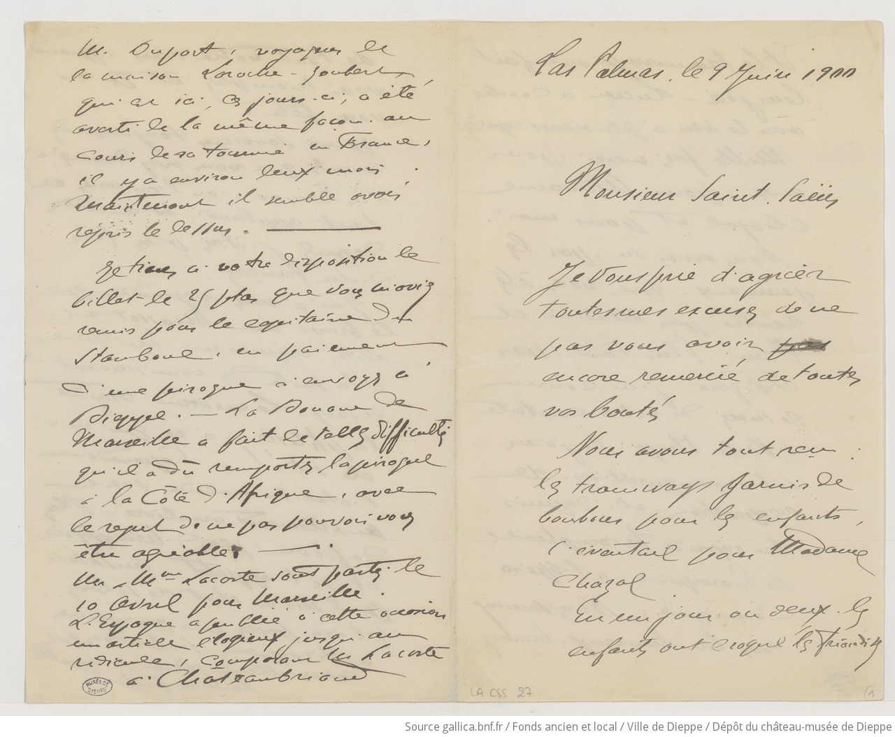 [Lettre de Félix Chazal à Camille Saint-Saëns] (manuscrit autographe)