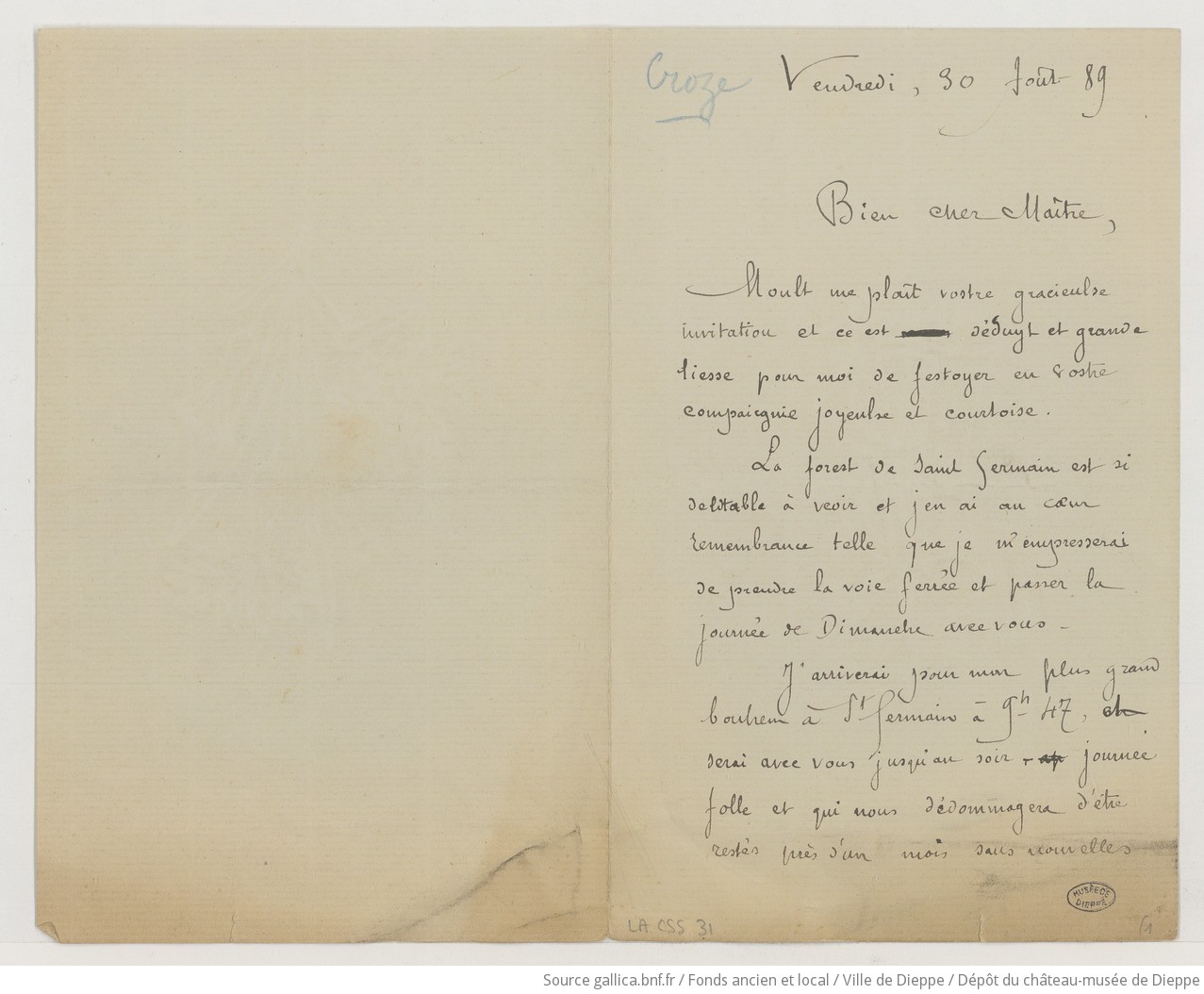 [49 lettres, 1 télégramme, 3 poèmes et 1 coupure de presse de J.-L. Croze à Camille Saint-Saëns] (manuscrit autographe)