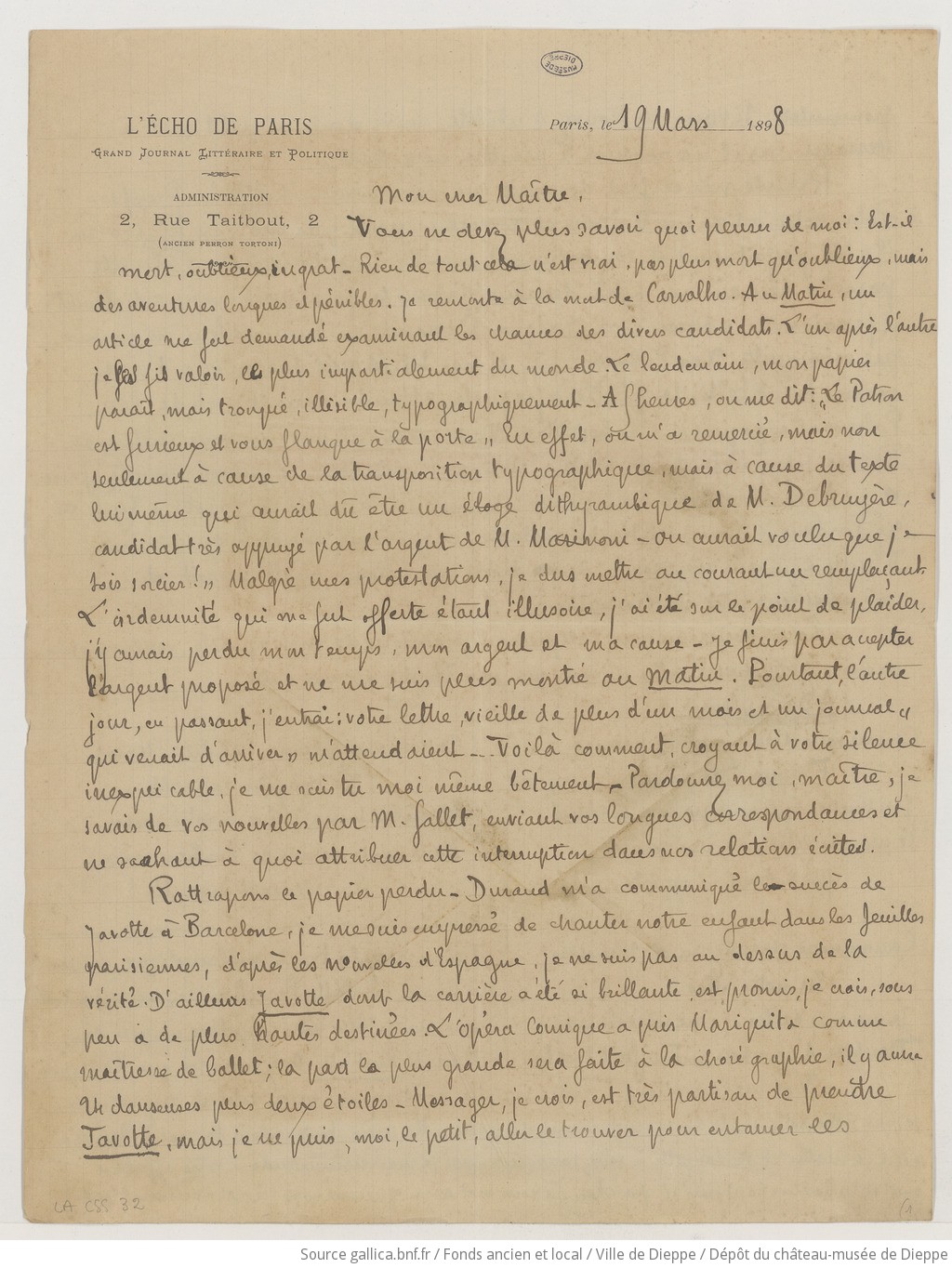 [31 lettres et 1 coupure de presse de J.-L. Croze et une lettre de Madame Veuve Croze à Camille Saint-Saëns] (manuscrit autographe)