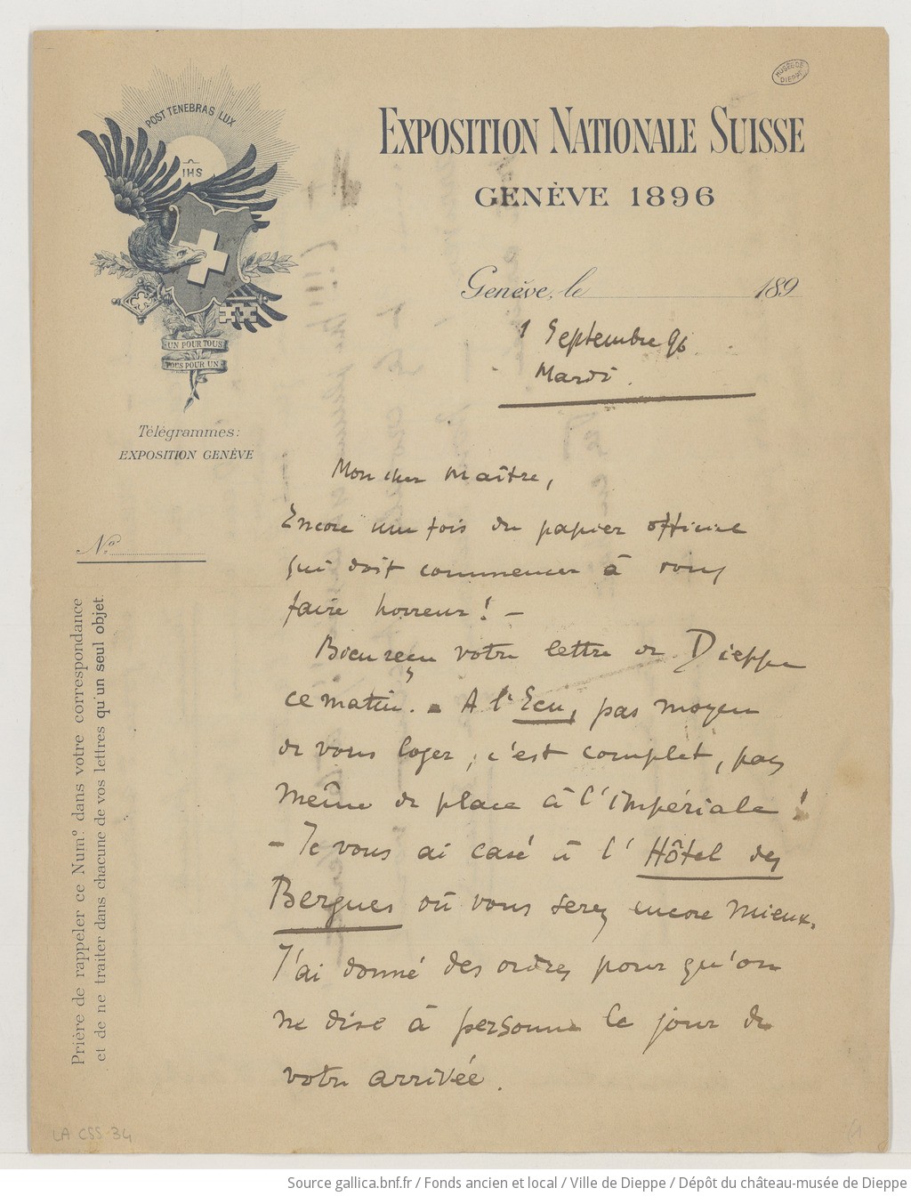 [51 lettres, 2 télégrammes, 1 carte postale et 1 coupure de presse de Gustave Doret à Camille Saint-Saëns] (manuscrit autographe)