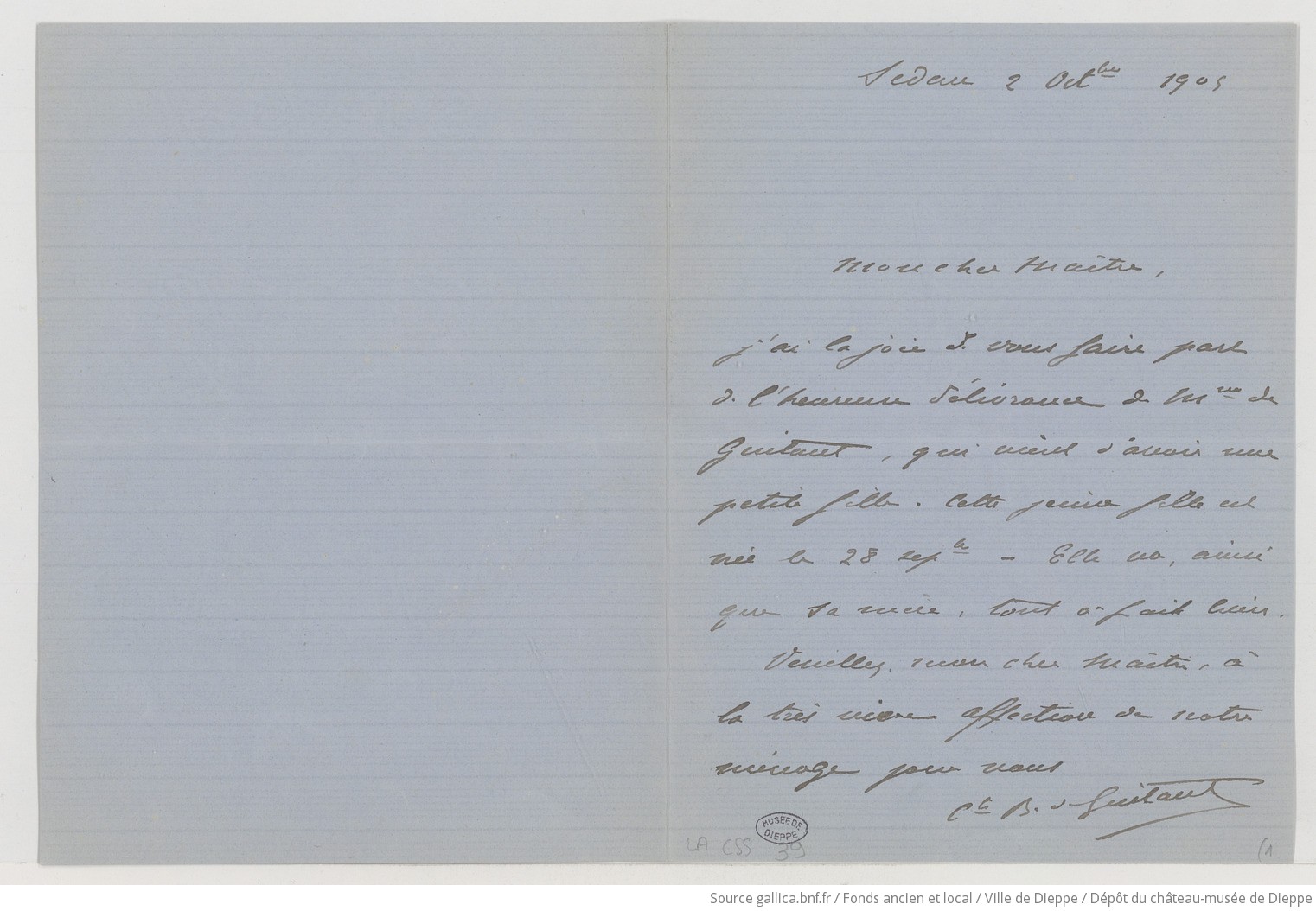 [4 lettres de Bertrand de Guitaut à Camille Saint-Saëns] (manuscrit autographe)