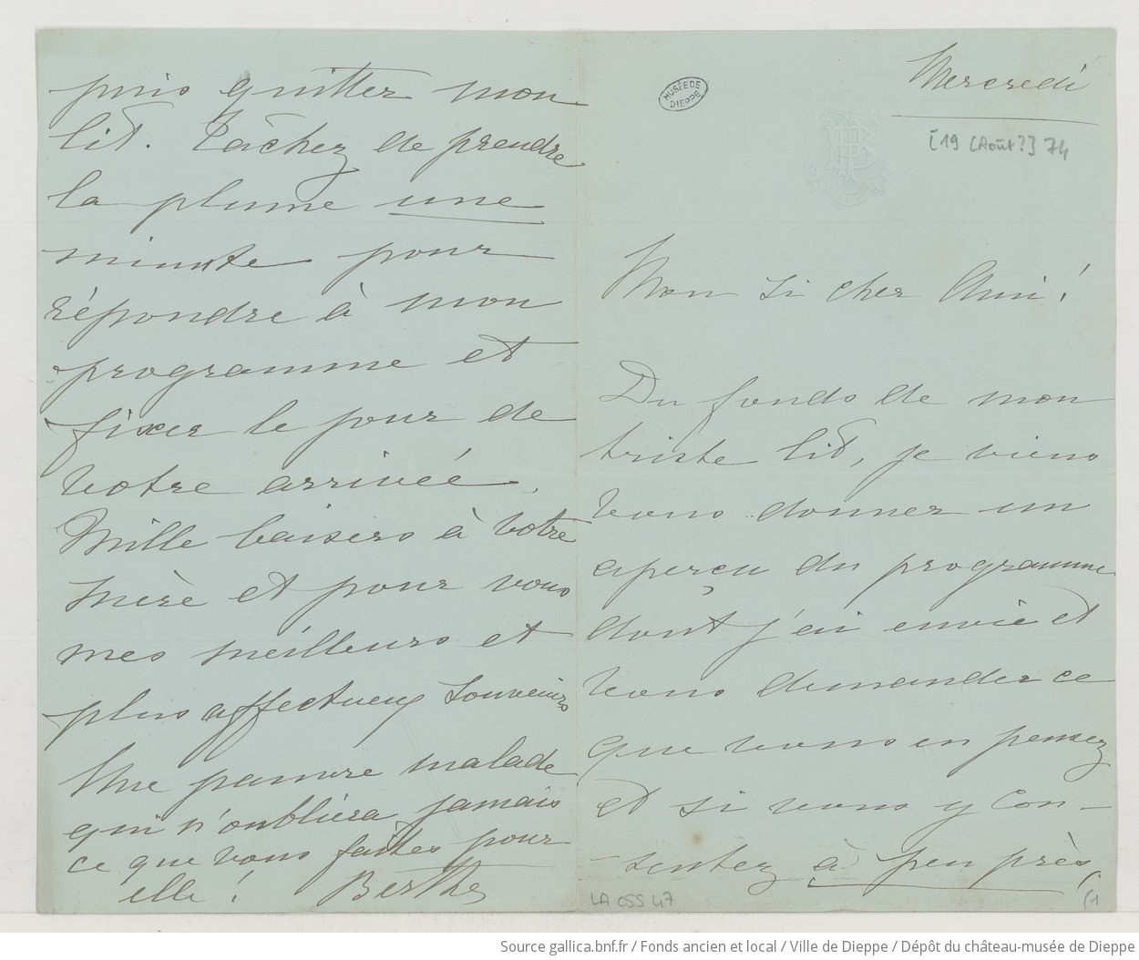 [87 lettres et 2 télégrammes de Berthe Pochet de Tinan à Camille Saint-Saëns] (manuscrit autographe)
