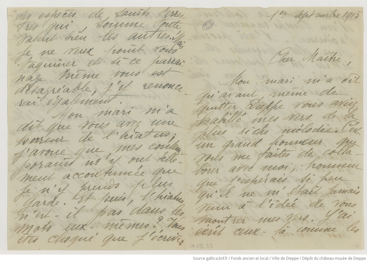 [7 lettres et 1 poème de Madeleine Regnault à Camille Saint-Saëns] (manuscrit autographe)
