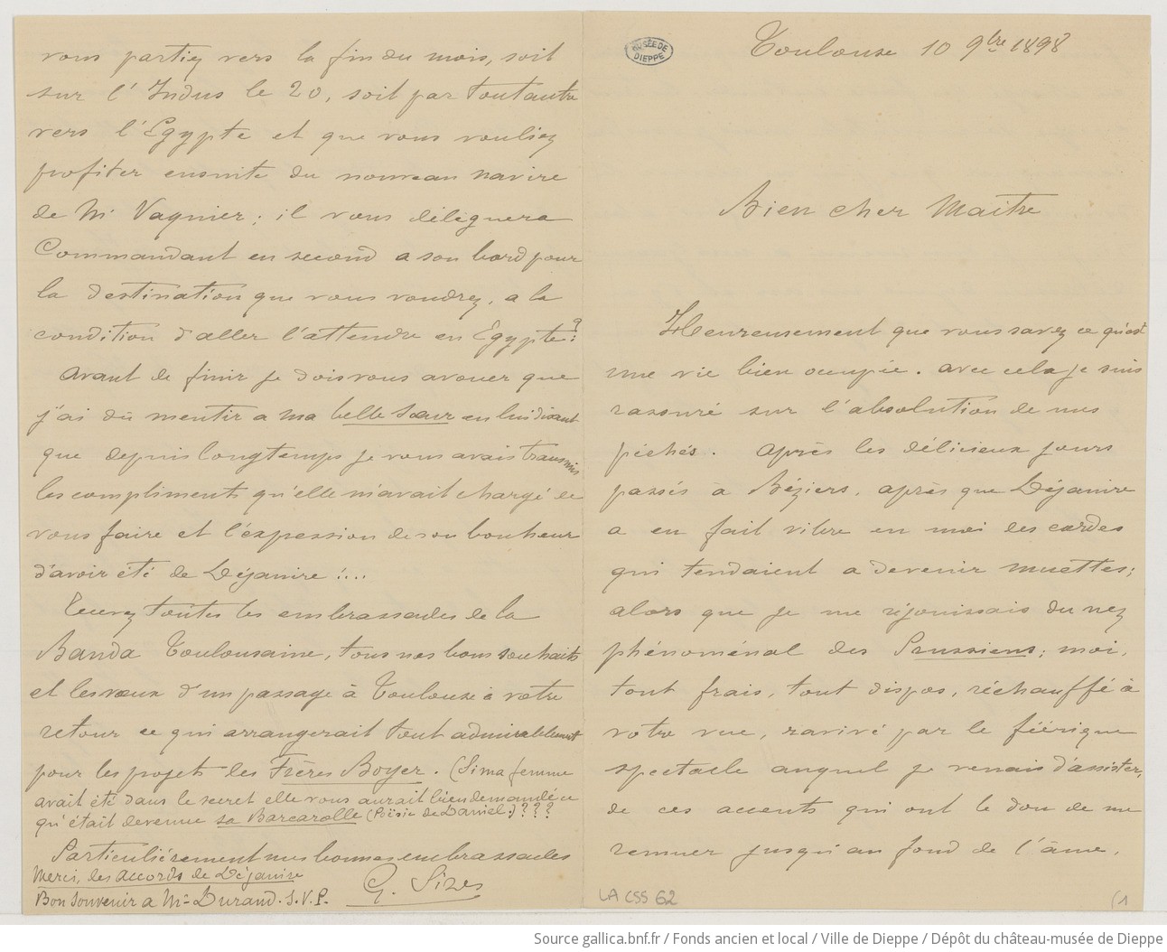 [37 lettres de Gabriel Sizes à Camille Saint-Saëns] (manuscrit autographe)